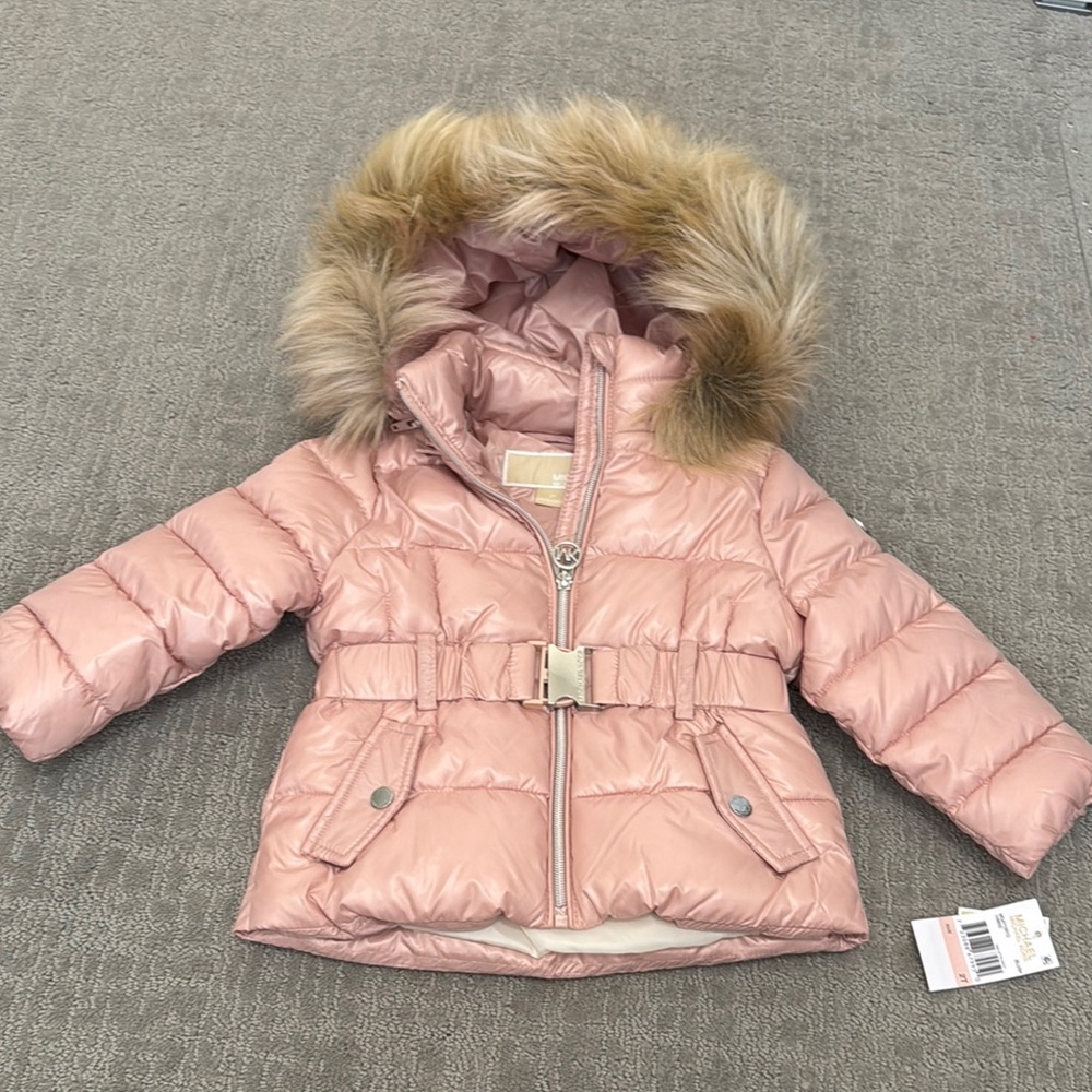 Stylish Micheal Kors Pink Kids Puffer Jacket with Faux Fur Hood